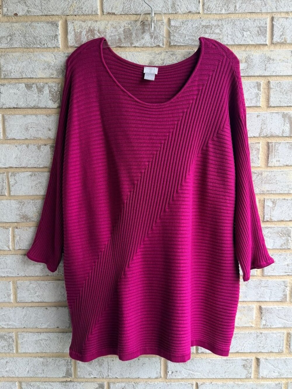 Chico's Dolman 3/4 Sleeve Round Neck Ribbed Knit Pink Sweater  Size 4 (XXL).